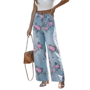 Women's Sky Blue Garden Floral Print Crop Bootcut Cotton Denim Jeans - Comfortable, Elegant Relaxed Bootcut Jeans for Vintage Streetwear, Women's Clothes