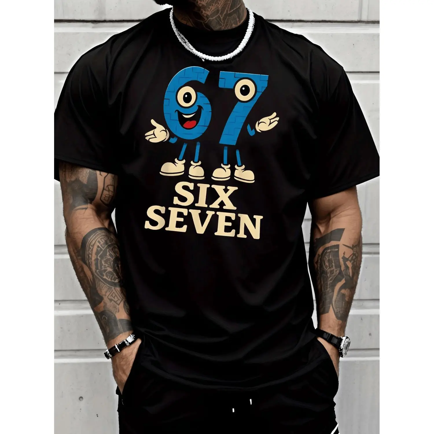 Crewneck Men'S Fashion Street Style Casual Trendy Graphic T-Shirt | Blue Number 67 Character Mascot with Big Eyes, Red Mouth, White Shoes, Six Seven Text, Breathable, Lightweight, Suitable for All Seasons