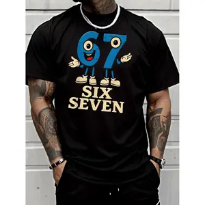 Crewneck Men'S Fashion Street Style Casual Trendy Graphic T-Shirt | Blue Number 67 Character Mascot with Big Eyes, Red Mouth, White Shoes, Six Seven Text, Breathable, Lightweight, Suitable for All Seasons