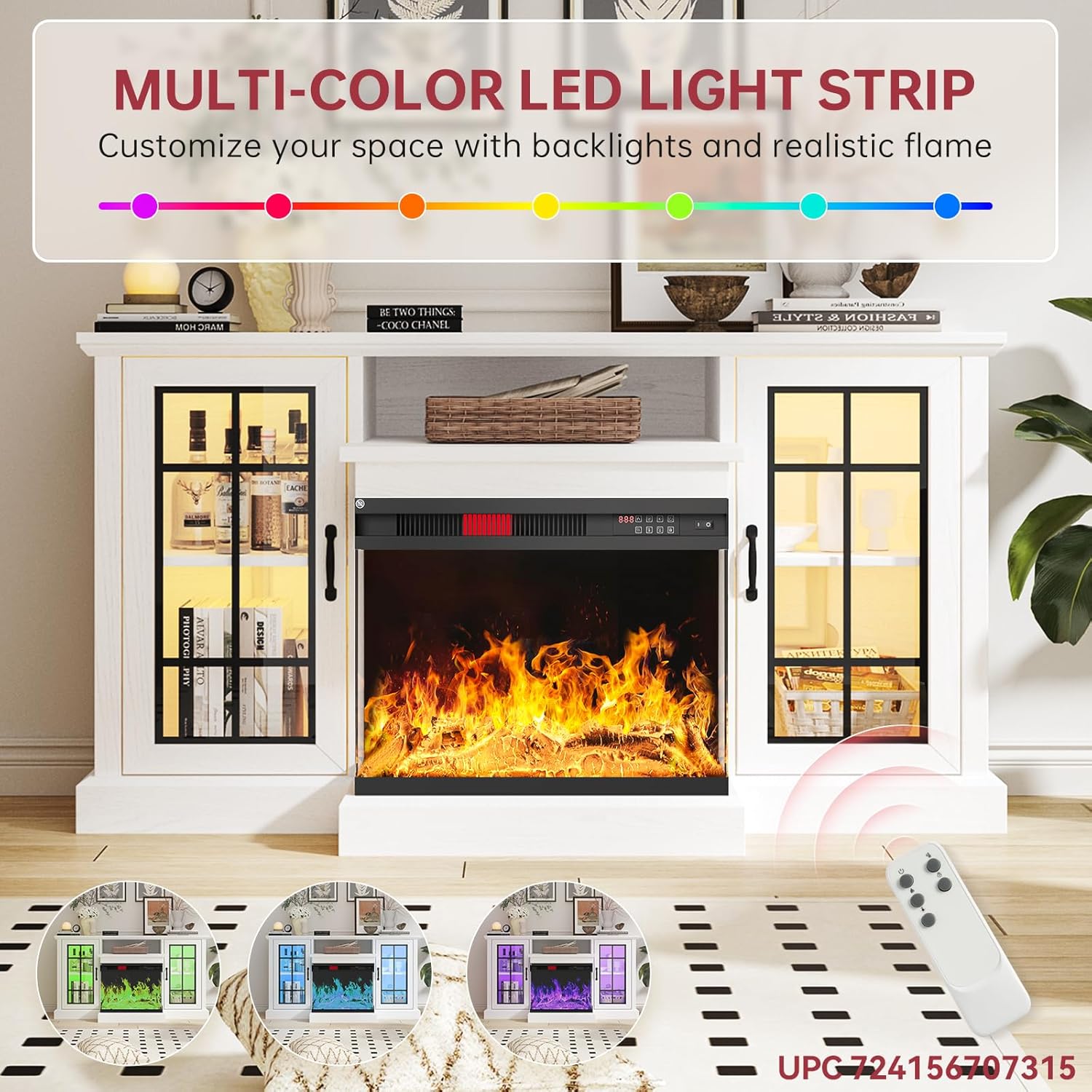 oneinmil 59/80" Fireplace TV Stand - 3-Sided Glass Media Entertainment Center Console, Furniture Living Room, Living Room Decor, for 65/85" TVs, Glass Door, Adjustable Flame LED Color