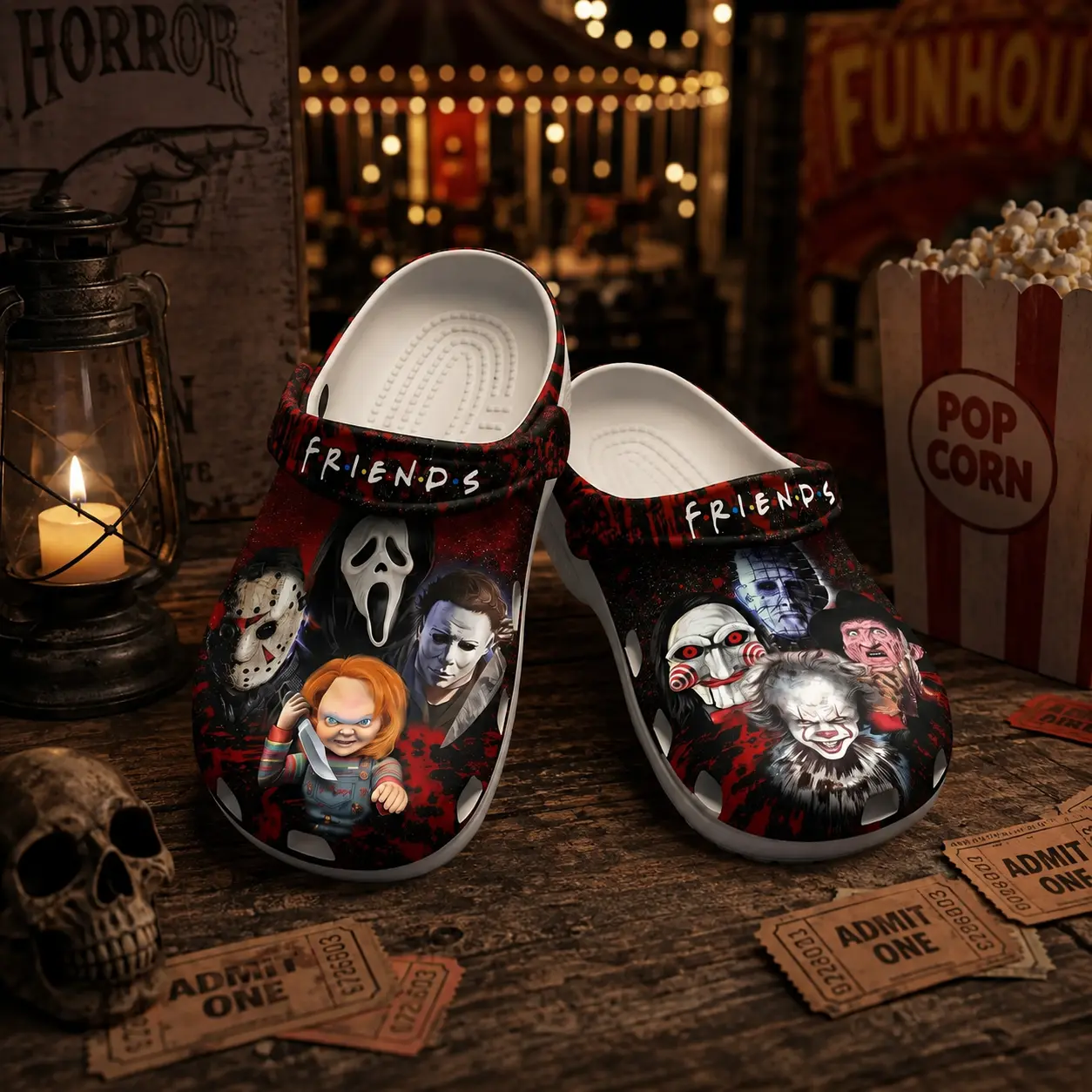 [No Box] Horror Friends Graphic Clogs, Halloween Scary Character Print Shoes, Lightweight Unisex Casual Slip-On Footwear, Creepy Horror Fan Gift