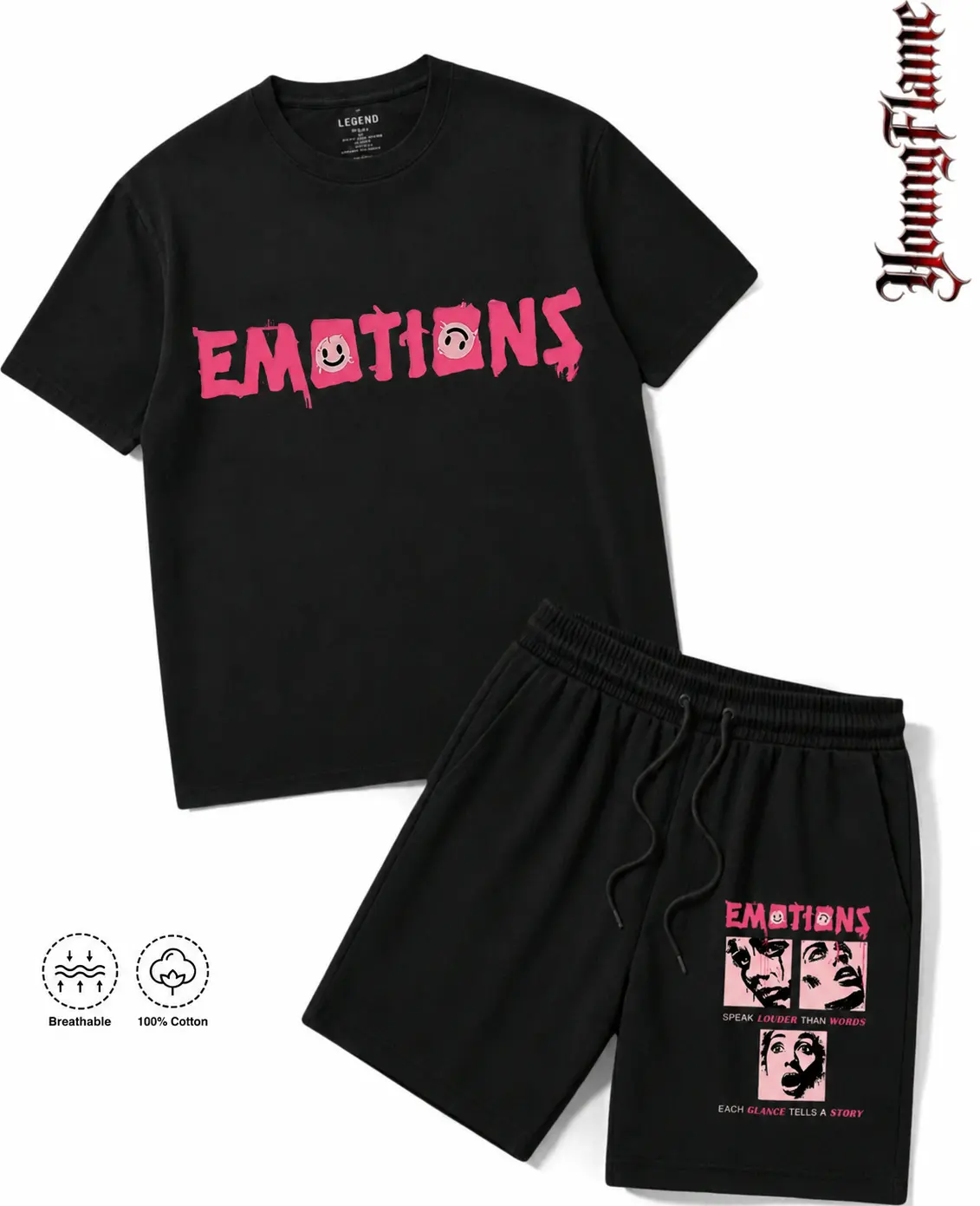 100% Cotton Pink Emotions Art graphic tees A comfortable summer gift Emo streetwear y2k clothing Men 2 Piece Set Short Outfit loose fit breathable fabric athleisure workout