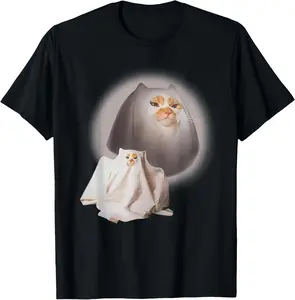 100% Cotton Cute Funny Wizard Cat Halloween Ghost Weird Kitten Cat Meme T-Shirt Pure Short Sleeve T-Shirt