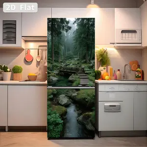 Self-Adhesive Refrigerator Stickers, Removable PVC Kitchen Decals, Forest Stream Wooden Bridge Theme, DIY Home Decor, 30x180cm, 2pcs