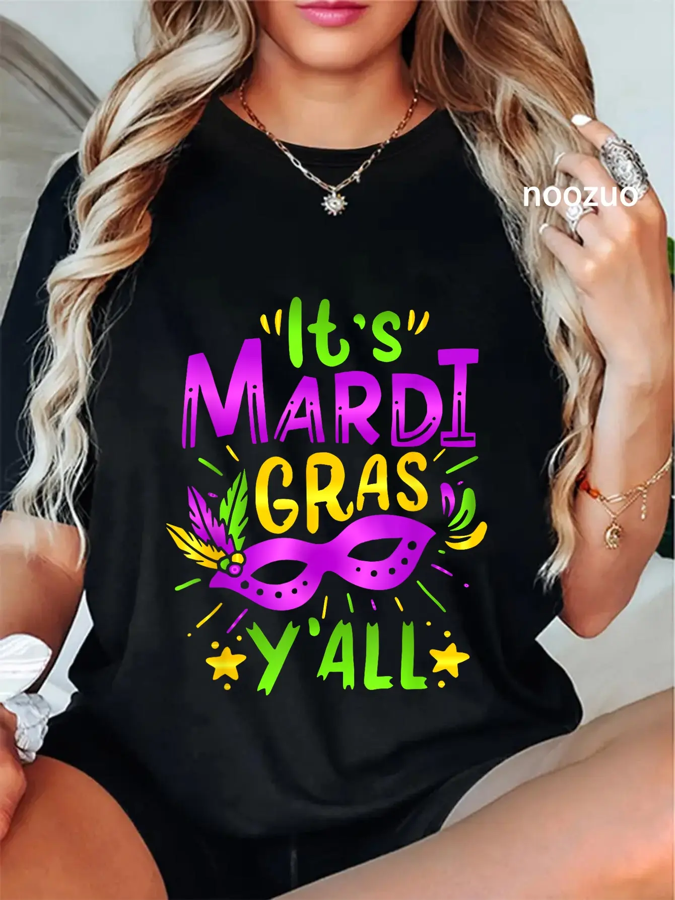 Women's Mardi Gras Tshirt - 100% Cotton, Casual Fit, Short Sleeve, Round Neck, Vintage 'It's Mardi Gras Y'all' Graphic Streetwear Top for Party & Everyday Wear, Washed, Wide Range Of Sizes