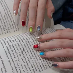 Artistic Baddie Must-Have! Luxury Rainbow Cat Eye Exquisite Hand-Painted Press On Fake Nails, Color Block Texture, Street Style Must-Have