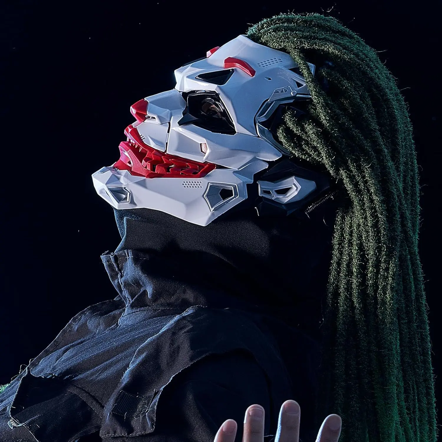 Cyberpunk Clown Full Face Plastic Mask with Green Dreadlocks Wig, Comfortable Mechanical Geometric Hard Cover, Adjustable Strap Costume Accessory for Halloween Cosplay Party, Club Dress Up
