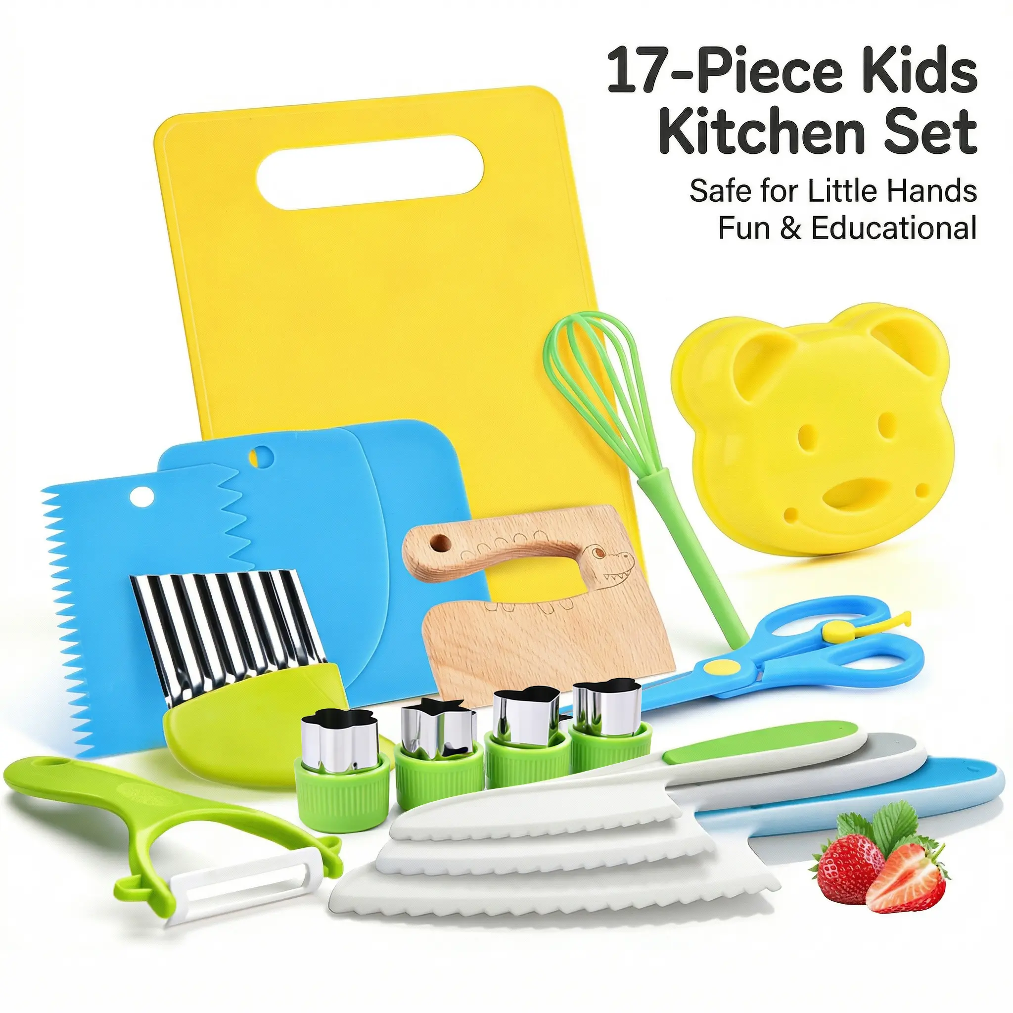 Unisex 17Pcs Kids' Safe Real Cooking Baking Tools Set - Wooden Cutting Board, Knife, Fruit Cutting Cutters, Whisk, Peeler, Scissors - Non-Toxic Montessori Kitchen Kit Gift (Flower, Dinosaur Themed Options)