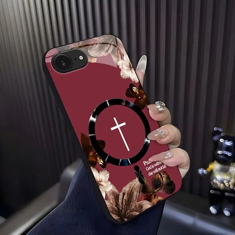 MagSafe Smartphone Case for iPhone 16e - "God is within her" Psalm 46:5 Vintage Floral Christian Cross Magnetic Cover, Handheld Cellphone Protection for Devices 975