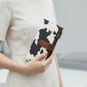 Vintage Trifold Credit Card Holder for Women Cow Pattern Long Wallet Multifunction Purse with Zipper Pocket Wristlet for Business and Casual