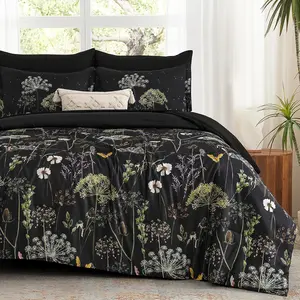 Comforter Set, 7 count Black Dandelion Floral Comforter Bedding Set, Winter Bed in a Bag , Soft Microfiber Complete Bedding Set with Sheets for  Season