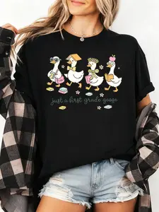 Funny First Grade Teacher Gift Fitted Shirt – Cute Goose Duck Graphic Tee