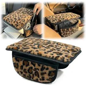 Plush Leopard Print  Center Console Cover with Side Pockets,  Armrest Cushion Pad,Soft   Interior Decorations Accessories with Storage for Women, Fit for  SUV