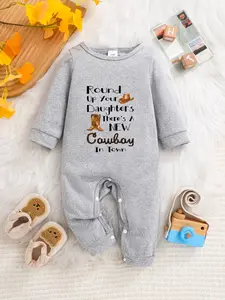 Infant Spring & Fall Long Sleeve Jumpsuit, Unisex Cute Western Theme Print, Natural Waist Fitted, Letter Pattern, Baby Boys & Girls