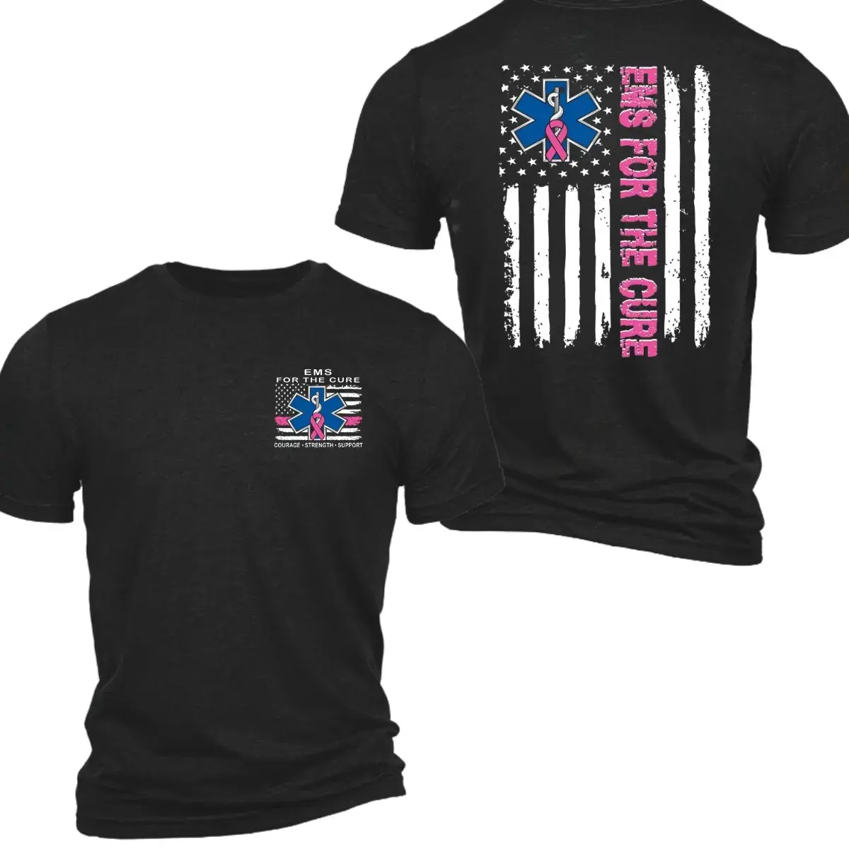 Women's Basic Short-Sleeve Round Neck Cotton Unisex T-Shirt - 2-Sided #PinkRibbon Graphic, EMS Breast Cancer Awareness Casual Support Gear