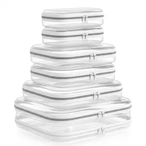 6 Pack Clear Hard Shell Storage Bins, Waterproof Dustproof Double Zipper PVC Cases, Portable Clothes Organizer for Travel, Toy Storage Bag for Kids, Book Pouch for Backpack, Mother's Day Gift for Mom, Memorial Day Essentials, Summer Family Organizer