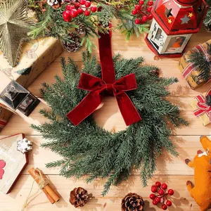 4 or 8 Christmas Pine Wreaths 27.94 Cm Mini Kitchen Hanging Decor with Bow and Burgundy Ribbon, Christmas Ornaments for Door and Fireplace