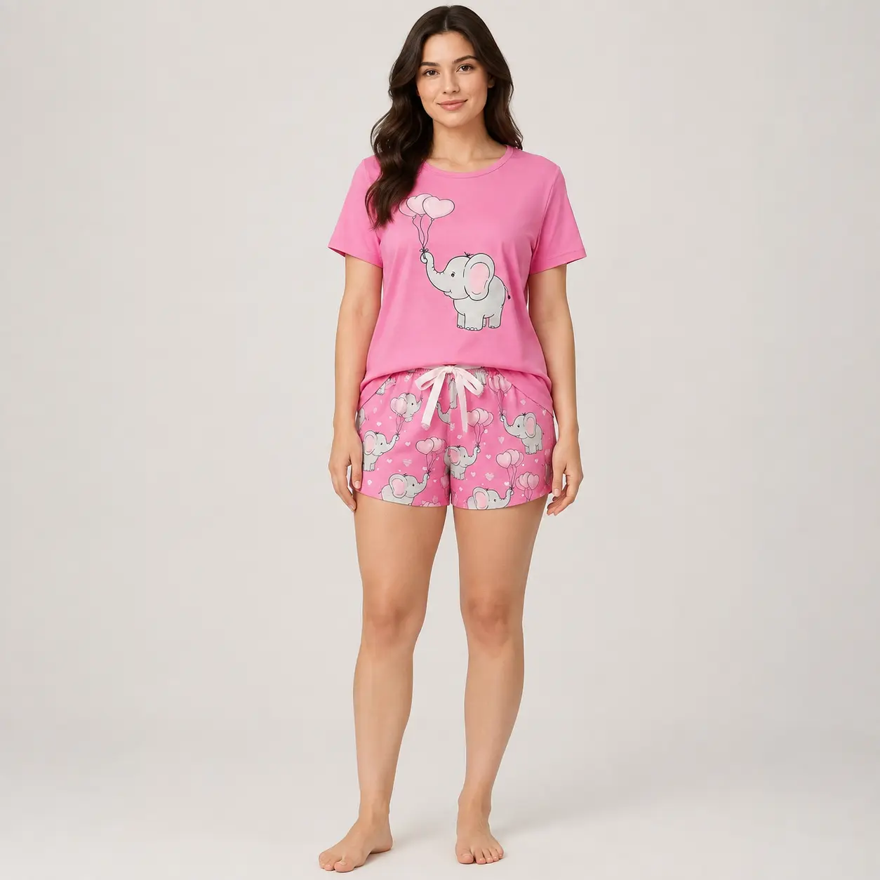 Women's Pink Elephant Print Pajama Set, Short Sleeve Round Neck T-Shirt and Elastic Waist Shorts, 2-Piece Sleepwear