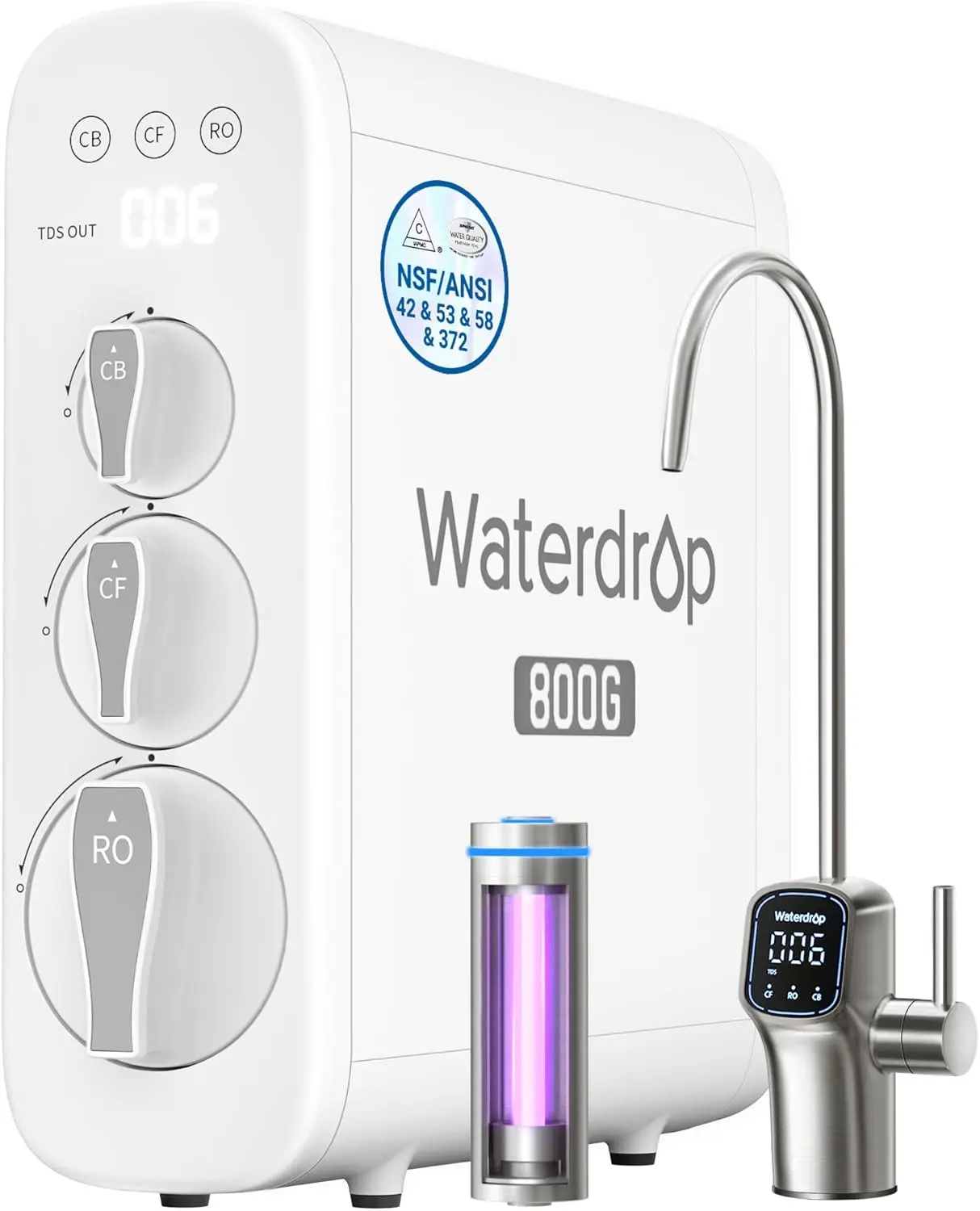 Waterdrop G3P800 Reverse Osmosis Water Filter, 800 GPD, Tankless RO System | NSF/ANSI 42 & 53 & 58 & 372 Certified, 10-Stage RO Water Filtration System Under-Sink, 3:1 Pure to Drain, Smart LED Faucet