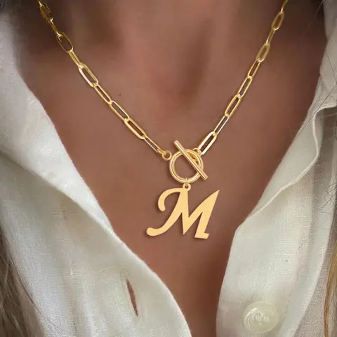 1Pcs Initial Necklace Women Fashion Golden Toggle Clasps Stainless Steel Paper Clip Chain Adjustable Initial Letter Necklace Fashion Accessory Necklace Fashion Modern Accessories