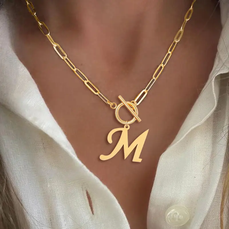 1Pcs Initial Necklace Women Fashion Golden Toggle Clasps Stainless Steel Paper Clip Chain Adjustable Initial Letter Necklace Fashion Accessory Necklace Fashion Modern Accessories