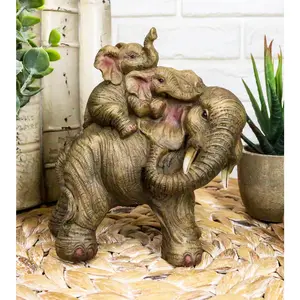 Small Wildlife Elephant Father And 2 Calves On Piggyback Playing Statue 5.25"H
