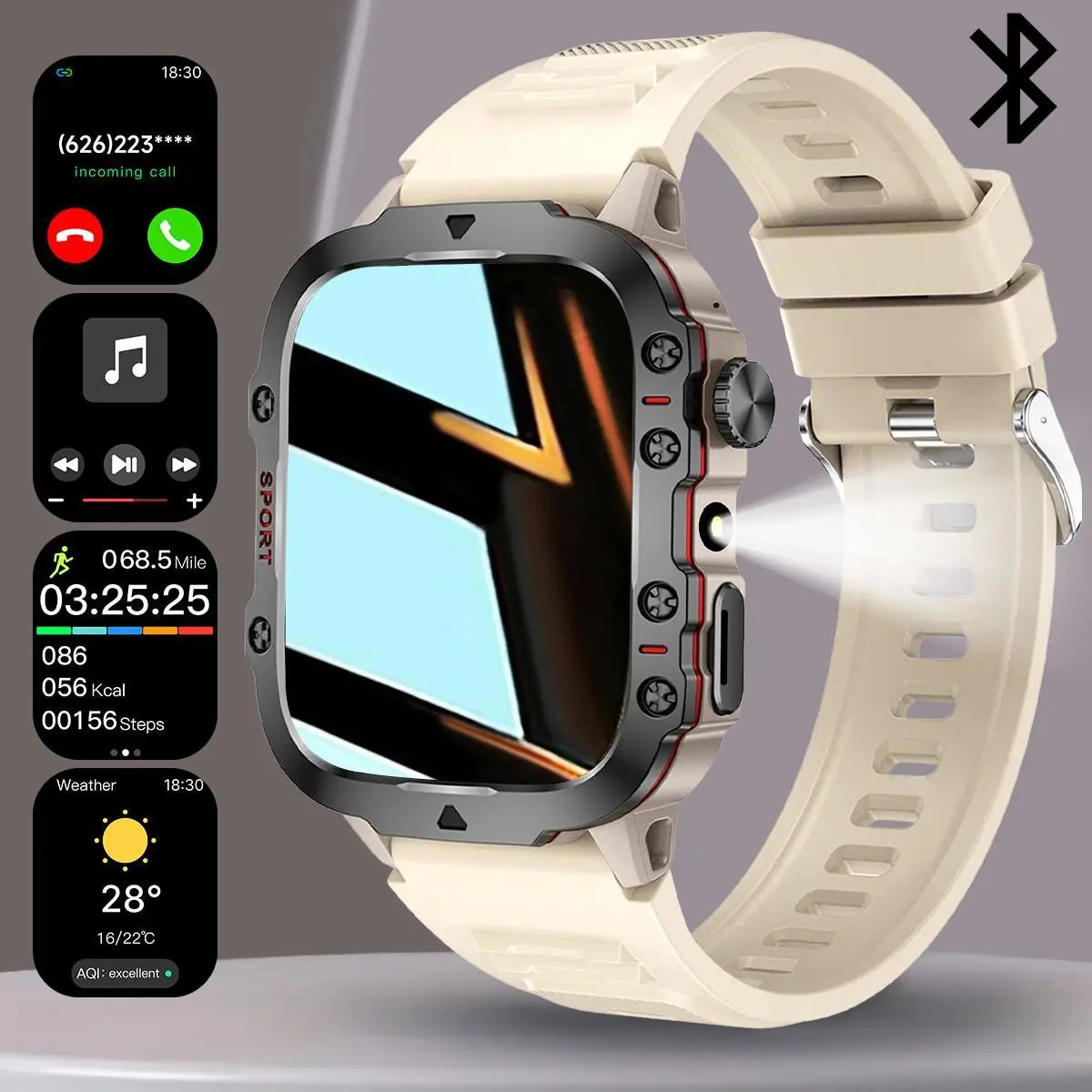 Low Power 1.83 Inch Smart Watch, Flashlight, Bluetooth Control, Music Control, SMS Notification, Custom Dials, Wireless Call, Weather Forecast, Multi-Sport Modes, Practical For Kids, Smartwatch for fitness