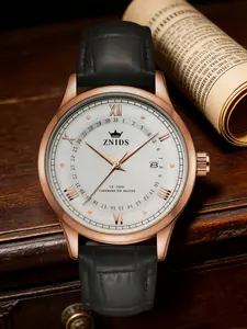 New Luxury Men's Watch Quartz Movement, Rose Gold Case, Leather Strap, Roman Numeral Dial, Date Display, Formal Events & Business Meetings