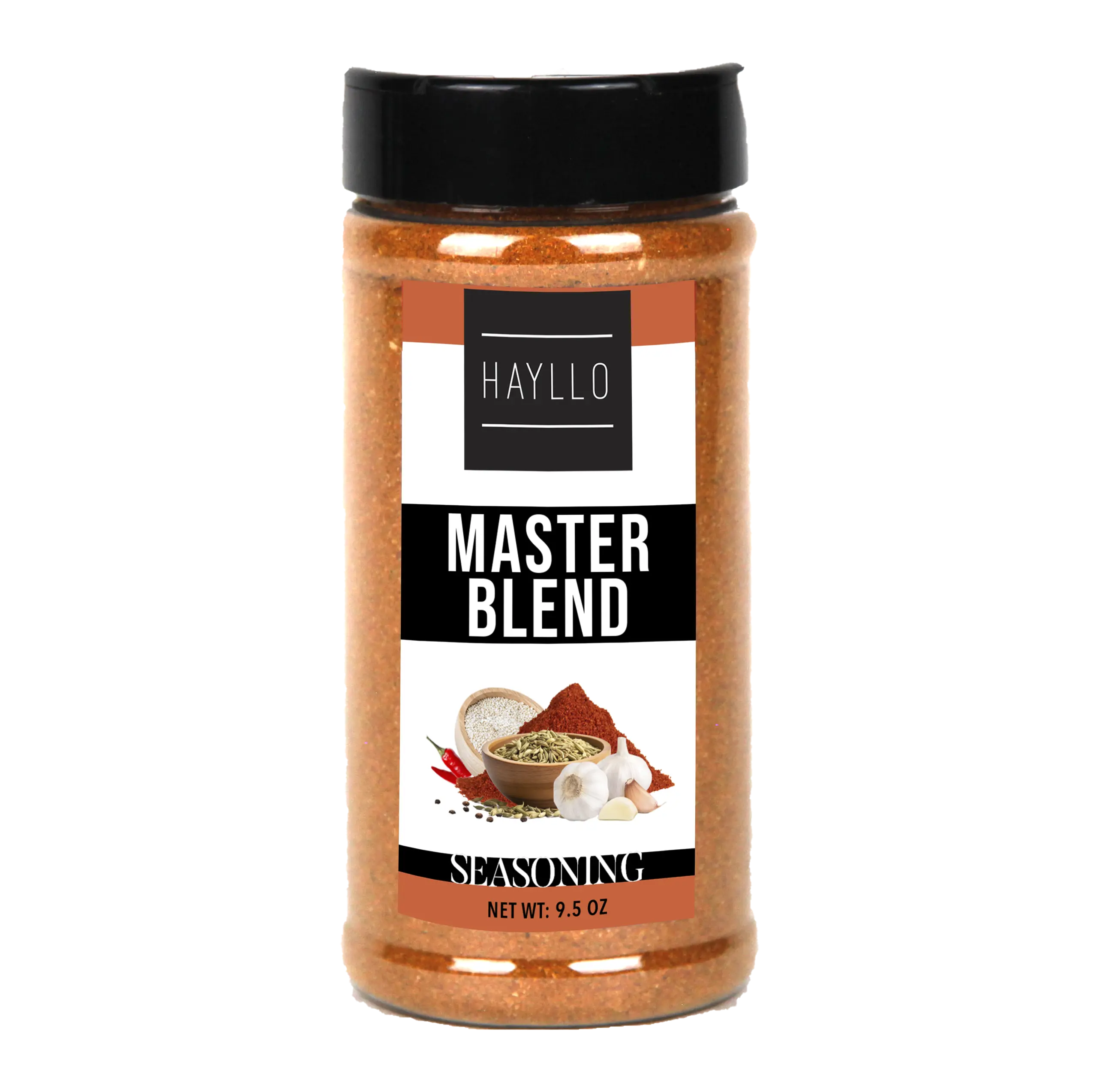 Hayllo Master Blend: 9.5oz  Spicy Seasoning with cumin fennel, cayenne, sesame, and Two-Way Flip Cap