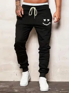 Men's Fitness Casual Long Pants with Smiley Print, Loose-Fitting Lightweight Sports Trousers, Casual Sporty Trousers for All Seasons, Perfect for Gym and Running