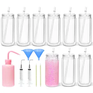 8 Pack 20 Oz Acrylic Snow Globe Tumbler, Double Wall Plastic Cups for Glitter DIY with Clear Lids & Straws, Including DIY Tools Insulated Lid Bottle Drinkware