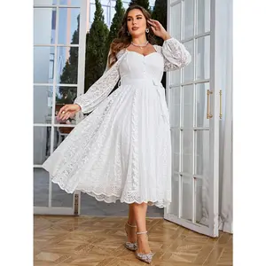 Plus Size Women Elegant Retro Lace Flared Dress, Long Sleeve Waisted, Suitable For Wedding, Party, 4th Of July, Birthday Fabric Fit