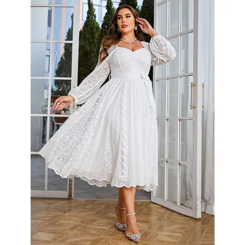 fitted lace wedding dress Ruched Front Puff Sleeve Plus Size Long Dress – P. Elyse Boutique main image 0