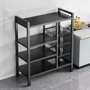 Kitchen mobile storage rack, 4-layer carbon steel 3-mesh basket storage rack with universal sliding wheels, metal collection rack and kitchen storage rack for kitchen