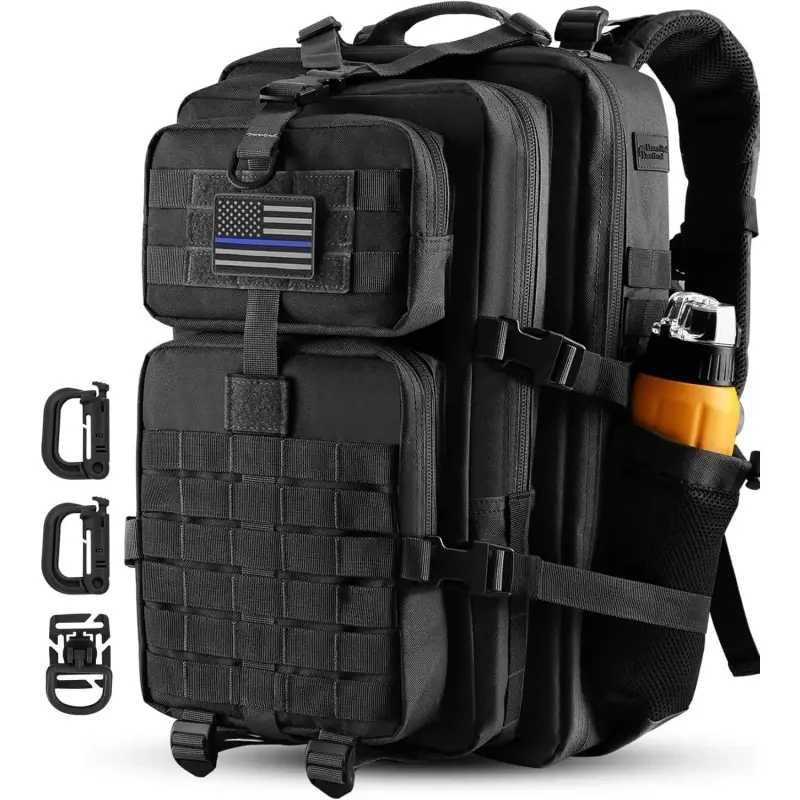 45L High-Capacity Multi-Function Tactical Assault Backpack for Adults, School & Military Camping Rucksack with Bottle Holder, 3-Day Pack, USA Flag Patch, D-Rings, Black, Back To School Haul, Tactical Look, No, Army, Zipper Closures, Backpacks For School