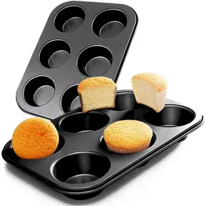 2-Pack Premium Steel Muffin Pans - 6-Cup Nonstick Round Baking Pans for Muffins, Cupcakes & Brownies - Heavy Duty Carbon Steel, Rust Resistant - Oven Safe up to 450°F (Black)