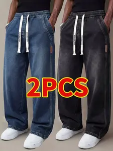 2-Pack Men’s Summer Lightweight Jeans American Fashion Brand Loose Straight Casual Pants
