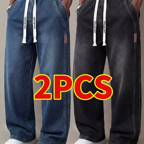 Menswear 2-Pack Men’s Summer Lightweight Cotton Denim Jeans - American Fashion Brand, Loose Straight Casual Pants with Pocket, Suitable for Small Size Men