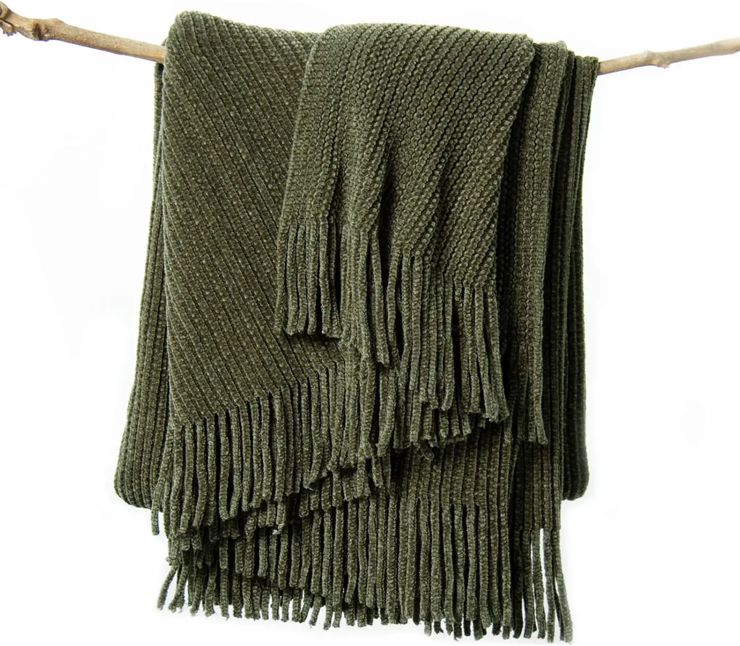 Throw Blanket for Couch, Soft Green Boho Decor Bed Throw,Cozy Knitted Chenille Farmhouse Lightweight Throw(Olive Green,50 * 60")