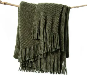 Throw Blanket for Couch, Soft Green Boho Decor Bed Throw,Cozy Knitted Chenille Farmhouse Lightweight Throw(Olive Green,50 * 60")