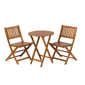 【GOOGREAT】3-Piece Acacia Wood Bistro Set, Wooden Folding Patio Furniture for Garden Backyard Balcony Porch w/ 1 Coffee Table and 2 Foldable Chairs, Light Brown