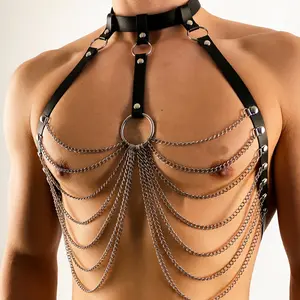 【Flash Sale】Warandod Gothic Punk Men Body Harness Chest Chain Leather Straps Necklace Subculture Music Festival Cosplay Costume Metal Link Chain Accessories