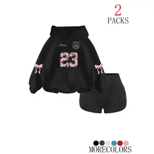 Women's Fall Winter Hooded Drawstring Sweatshirt Set, Sweat Suit, Fashion Simple Design with Tree Print, Pocket Hoodie & Gym Shorts, 2 Piece