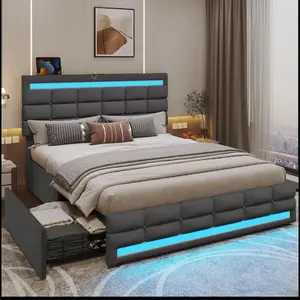 Marco de cama con luces LED, 4 cajones y 2 estaciones de carga USB, plataforma tapizada, tamaño queen