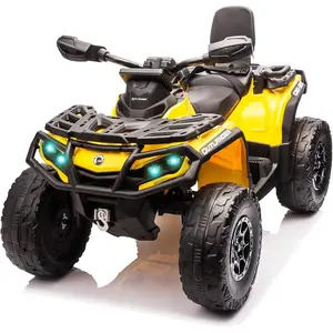 Yellow 12V Kids Electric ATV With Two Leather Seats Bluetooth Music Led Lights Adjustable Speeds And Durable Tires For Ages 3 To 8 Yellow
