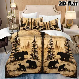 2D Flat 3Pcs Rustic Forest Bear Duvet Cover, Mountain Wildlife Bedding with Pine Trees, Nature Themed Decor for Cabin Bedroom, Adult Teen Boys Girls Home Decoration, All-Season Soft Microfiber Comforter (1 + 2 Pillowcases, Unfilled)