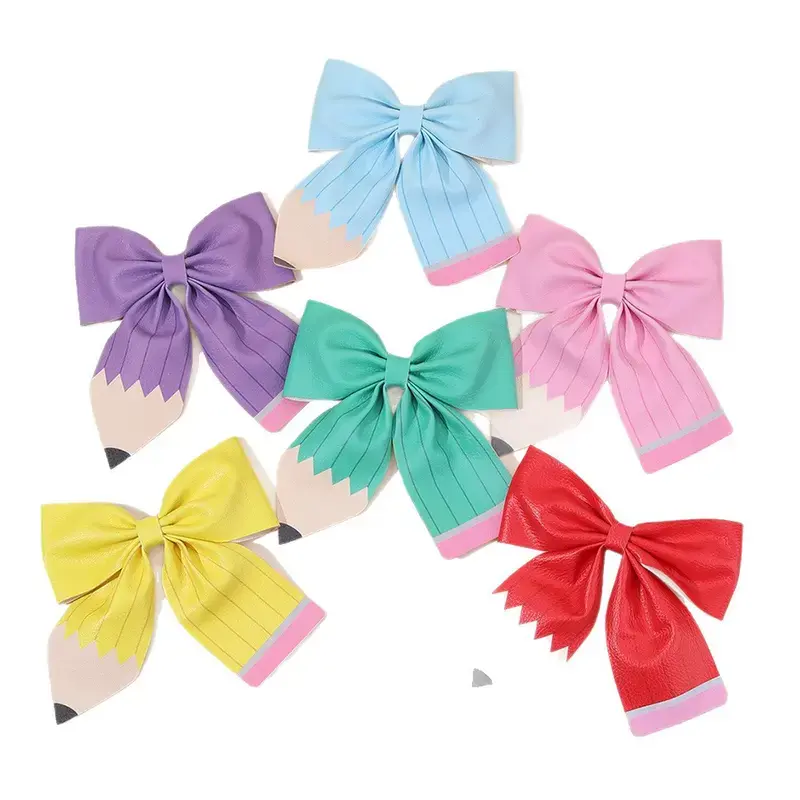 Girls' 6-Pack Pastel Pencil Bow Hair Clips - Faux Leather School-Themed Barrettes, Non-Slip 6-Color Hair Accessories for Classroom Outfits, Teacher Gifts