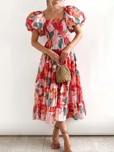 Boho Style Chic Elegant Off-Shoulder Lantern Sleeve High-Waisted One-Piece Dress, Casual Slim-Fitting Vacation Dress, Fashionable Summer Bohemian