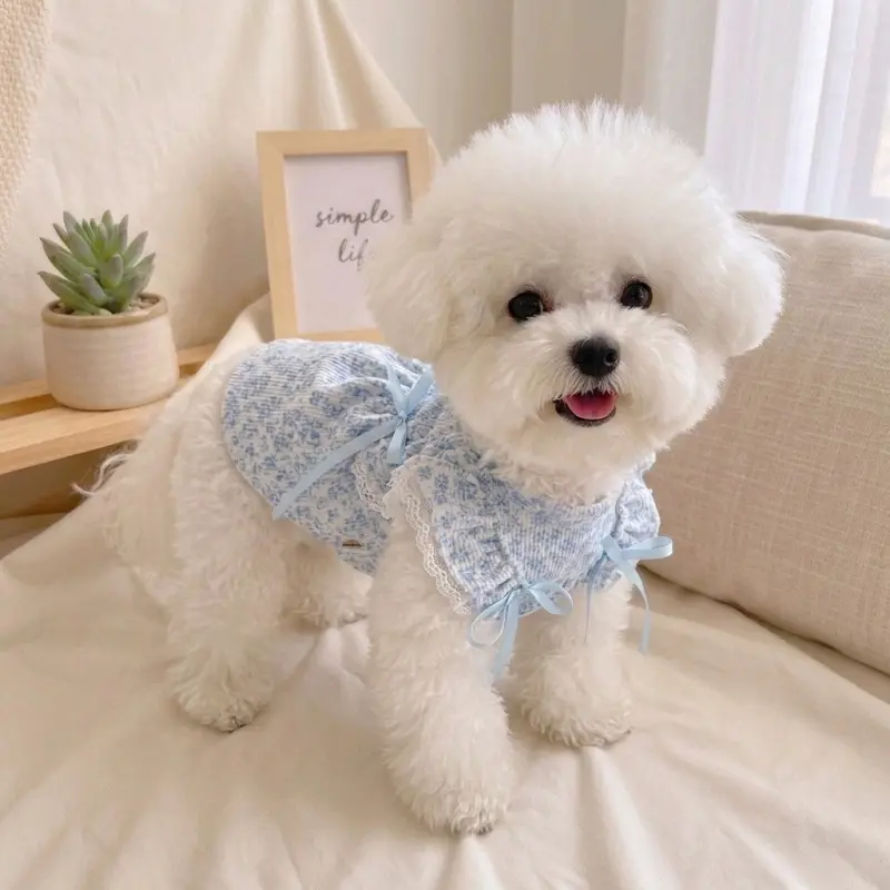 Pet Floral Knee-Length Dress, Polyester Spring-Summer Outfit, Cool and Comfortable Breathable Sun Protection French Pastoral Style Clothing with Unique and Adorable Look for Bichon Teddy Small-Medium Dogs Cats elastic mesh princess dress