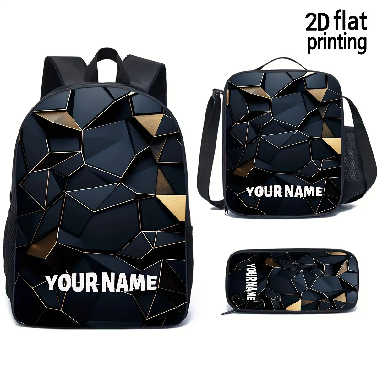 Customizable 3-Piece Student Backpack Set (Backpack, Lunch Bag, & Pencil Case) – Lightweight with Large Capacity; Features Personalized Text & Unisex Geometric Color-Block Design; A Back-to-School Essential., Casual Printed Backpack, Student Class Backpac